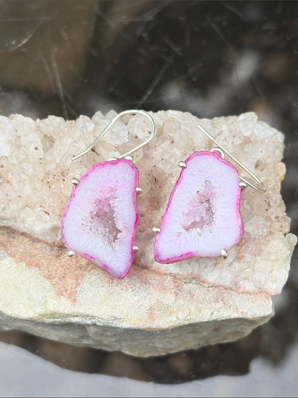 Pink Geode Druzy 925 Sterling Silver Earrings